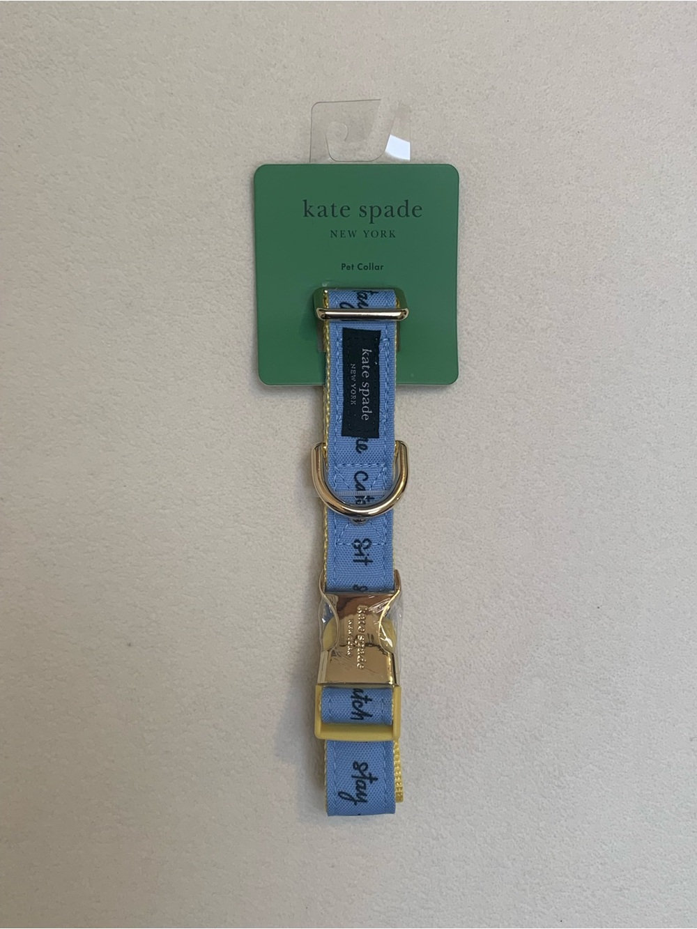 Kate Spade Blue & Yellow Pet Collar with Gold Hardware M/L Raining Cat and Dogs